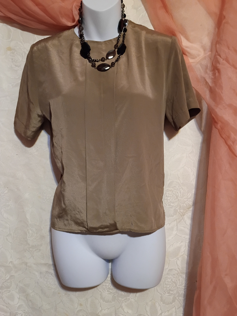 Ladies Women's Short Sleeve Satin Blouse in Taupe Sz 2P